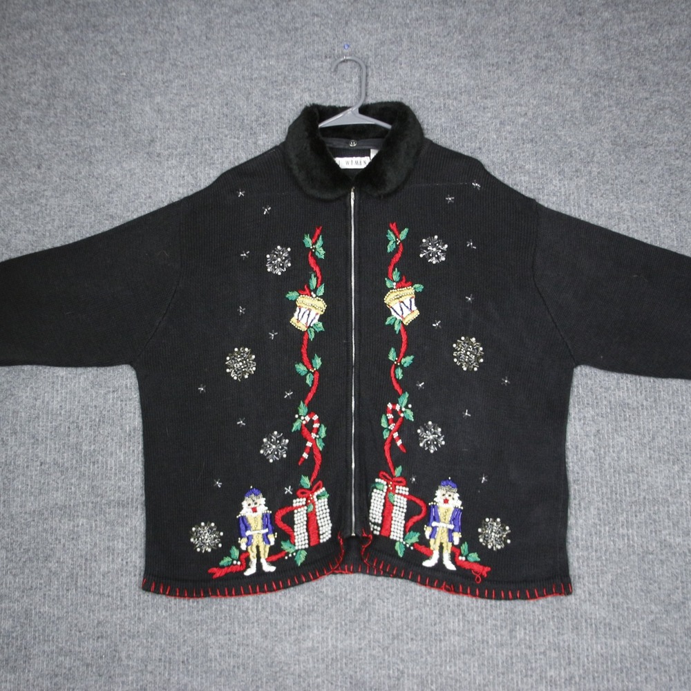 VJ Woman 3X Black Christmas Nutcracker Beaded Zipper Fur Collar‎ Ugly Sweater